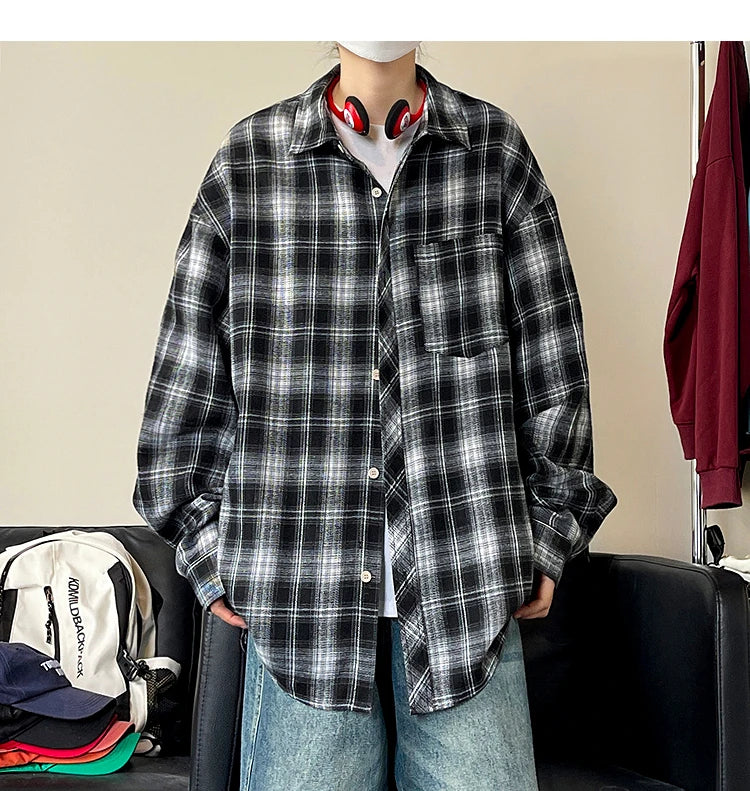 HEARUJOY  -  5XL Long Sleeved Shirt Men Oversized Retro Plaid Shirt Men Japanese Streetwear Loose Casual Shirt Mens Vintage Shirts Plus Size
