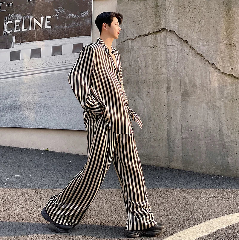 Hearujoy spring summer fashion trend stripe contrast color satin shoulder pad shirt men's suit straight wide leg pants two-piece set