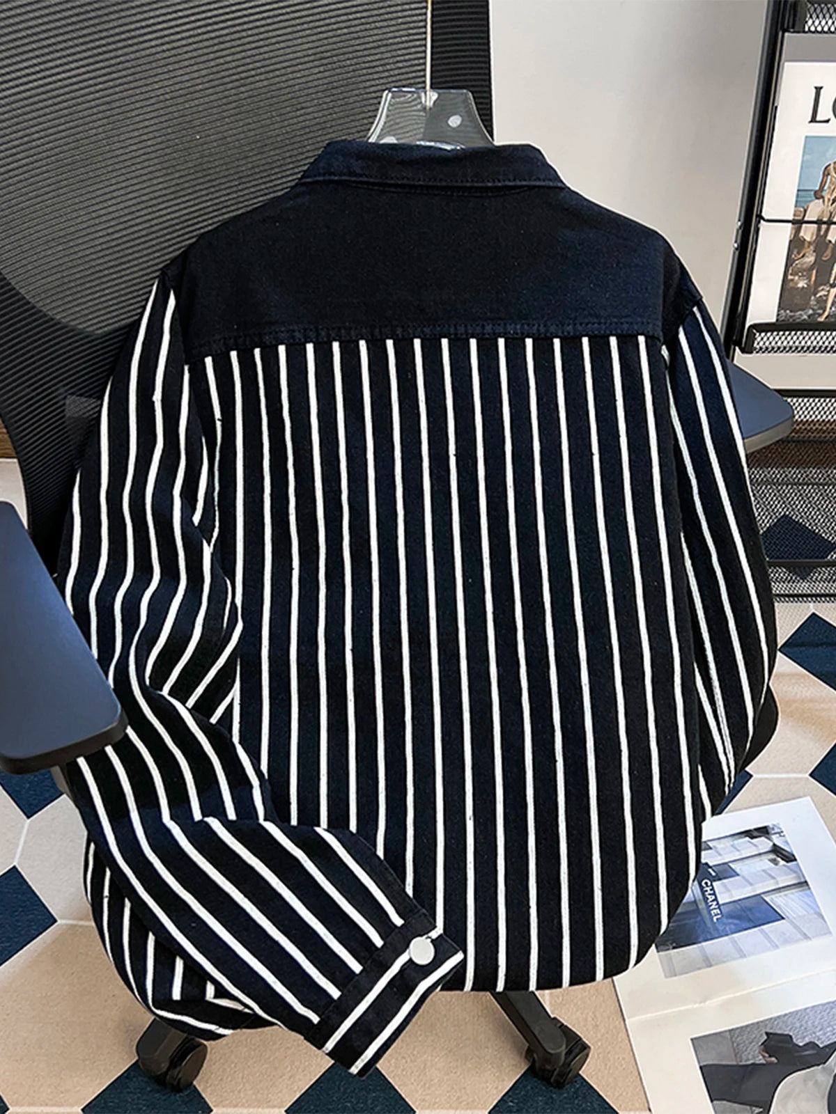 Hearujoy Premium Splicing Black White Striped Denim Jacket for Men's Wear Spring Autumn 2024 Niche Street Bombing Washed Jacket Workwear