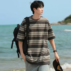HEARUJOY  -  Striped Top Man Tee Shirts Loose T Shirt for Men Kpop Original Luxury High Quality Cheap Clothes Casual New in Harajuku Funny