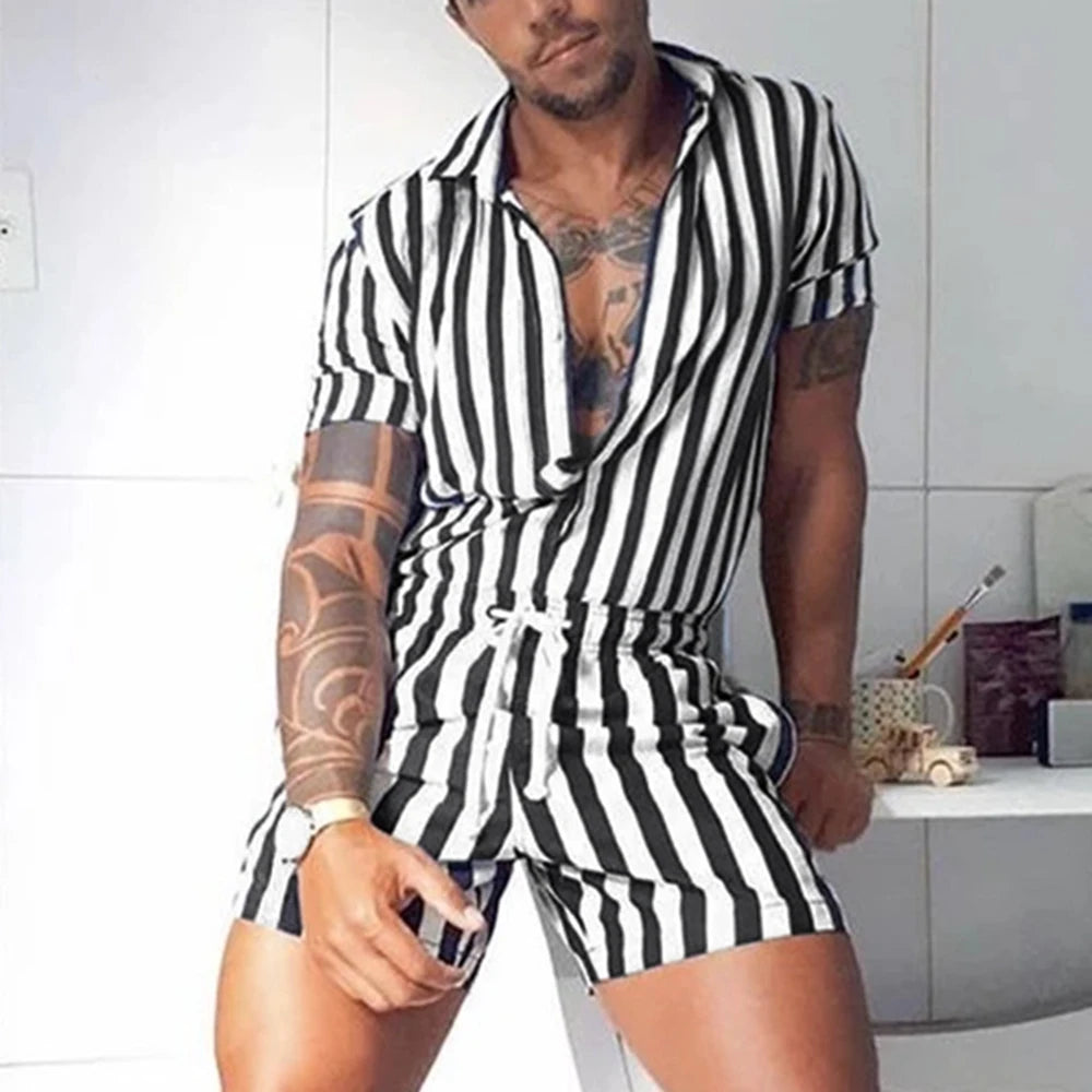 Hearujoy Fashion Men Striped Rompers Short Sleeve Button Shorts Lapel Jumpsuit Drawstring Streetwear 2024 Casual Playsuit Hombre