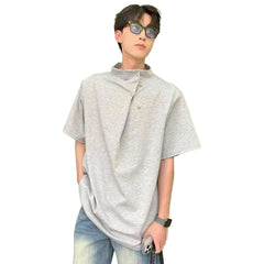 HEARUJOY  -  Men Korean Stand Collar Retro Casual Tee Tops Short Sleeve Street Wear Men's Loose T-Shirt Breathable