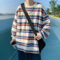 HEARUJOY  -  Handsome Trendy Rainbow Striped Long Sleeve T shirt Spring Autumn Casual Top New Men Hong Kong Style Ins Fashion