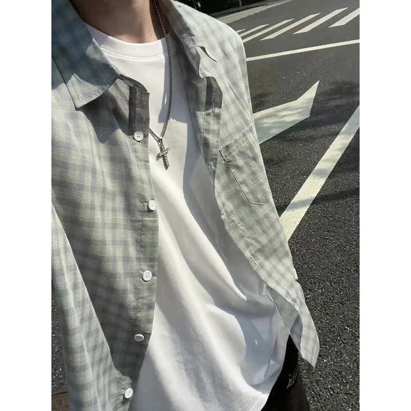 HEARUJOY  -  Mens Long Sleeve Plaid Shirt Casual Spring Autumn Fashion Shirt Streetwear Urban Comfort Fit Breathable Lightweight Wear
