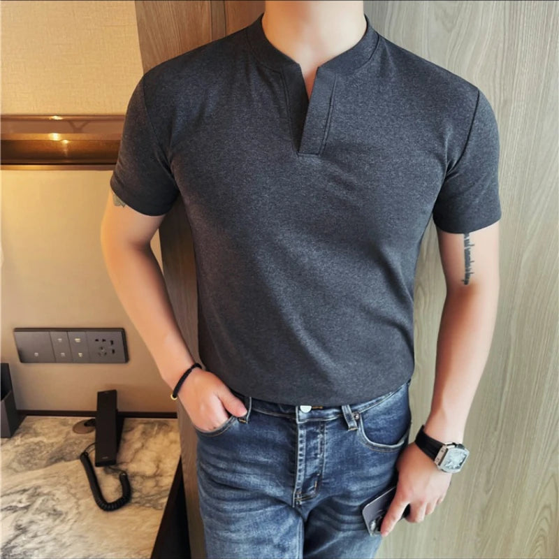 HEARUJOY  -  Men's 92% Cotton Henley Collar V-Neck Short Sleeve Tee  Summer Solid Color Slim Fit Casual T-Shirt in 7 Classic Versatile Colors
