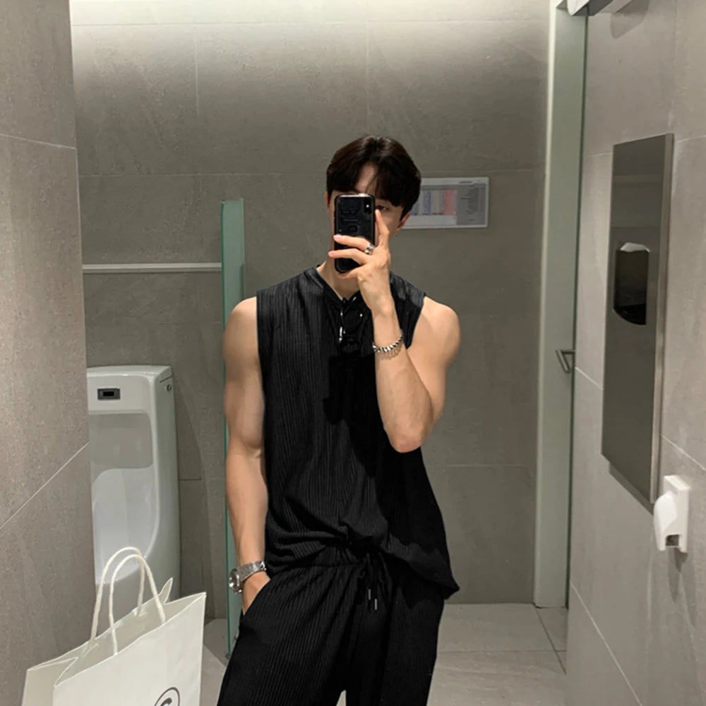 Hearujoy Summer Clothing Men's Casual Tank Tops Set Luxury Korean Streetwear O Neck Solid Drape Vest+Trousers 2 Piece Suit 2024 New