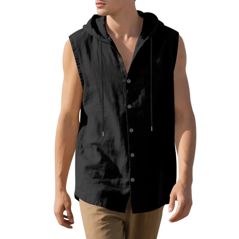 HEARUJOY  -  Summer Men's Casual Sleeveless Hooded Shirt, Linen Hooded Solid Color, Breathable and Loose Top