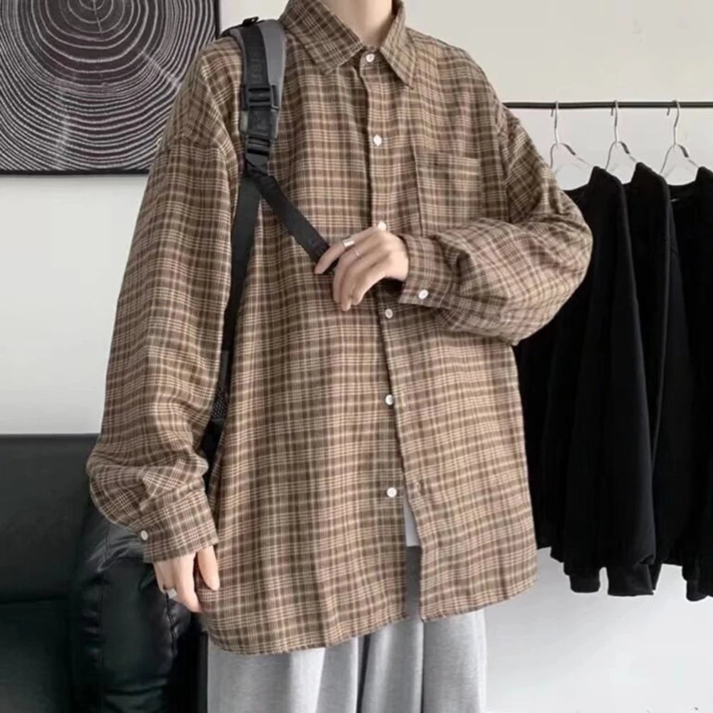 HEARUJOY  -  2XL Mens Plaid Shirt Lapel Shirt All Seasons Buttoned Closure Long Sleeves Slight Stretch Shirt For Daily Wear
