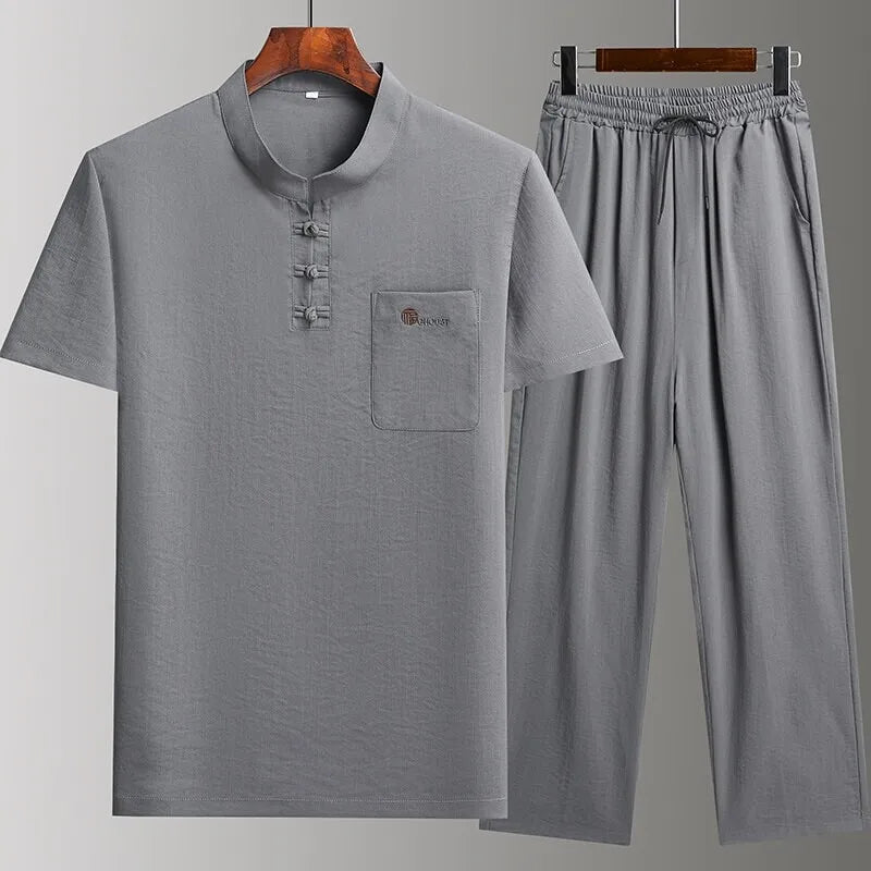 HEARUJOY  -  Chinese style Shirts + Pants summer 100% Cotton linen Sportswear Men's Casual Sets Male Fashion Chinese style trousers