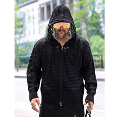 Hearujoy Knit Mesh Coat for Men Hole Hooded Cardigan Long Sleeve Tee Male Hollow Out Casual Autumn Japanese Streetwear Hip Hop