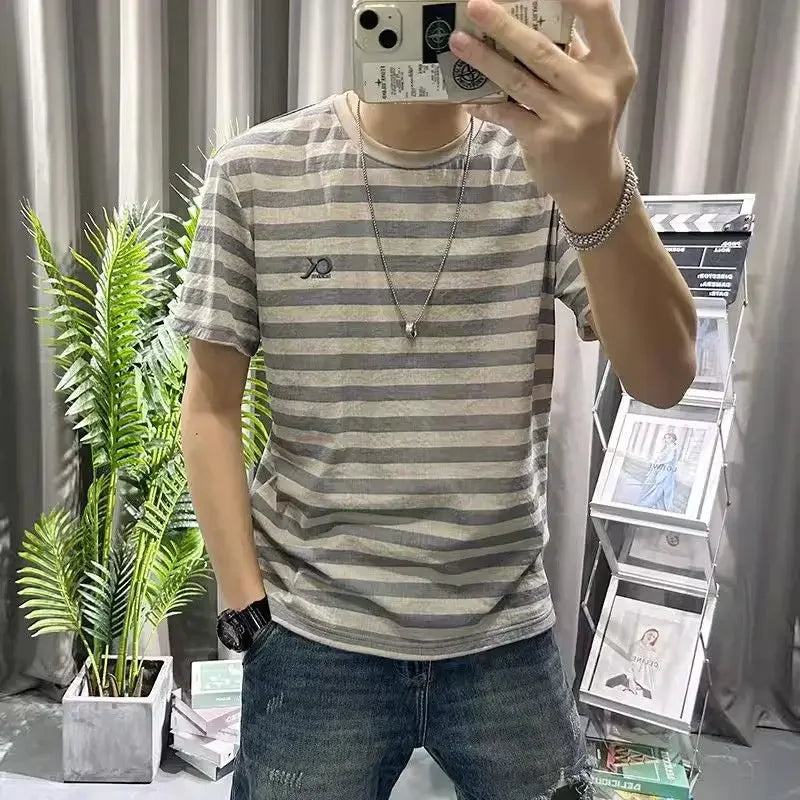 HEARUJOY  -  Man Tee Shirts O Neck Striped Apricot Cotton Linen T Shirt for Men Short Quarter Sleeve Summer Basic Cheap Clothes Ordinary Top