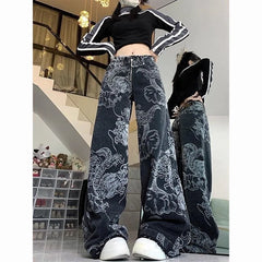 Hearujoy Harajuku Streetwear Baggy Jeans Dragon Pattern Embroidery Retro Hip Hop Y2k Jeans Skateboard Straight Trousers for Men and Women