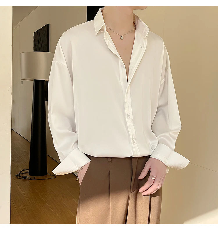 HEARUJOY  -  Long Sleeved Shirt Men Oversized Fashion Social Mens Dress Shirt Korean Loose Ice Silk White Shirt Mens Office Formal Shirts