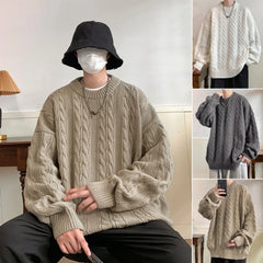 Hearujoy Solid Colour Ribbed Twist Pattern Round Neck Pullover Sweater Men Women Autumn Winter Couple Loose Knitted Woolen Top Warm Soft