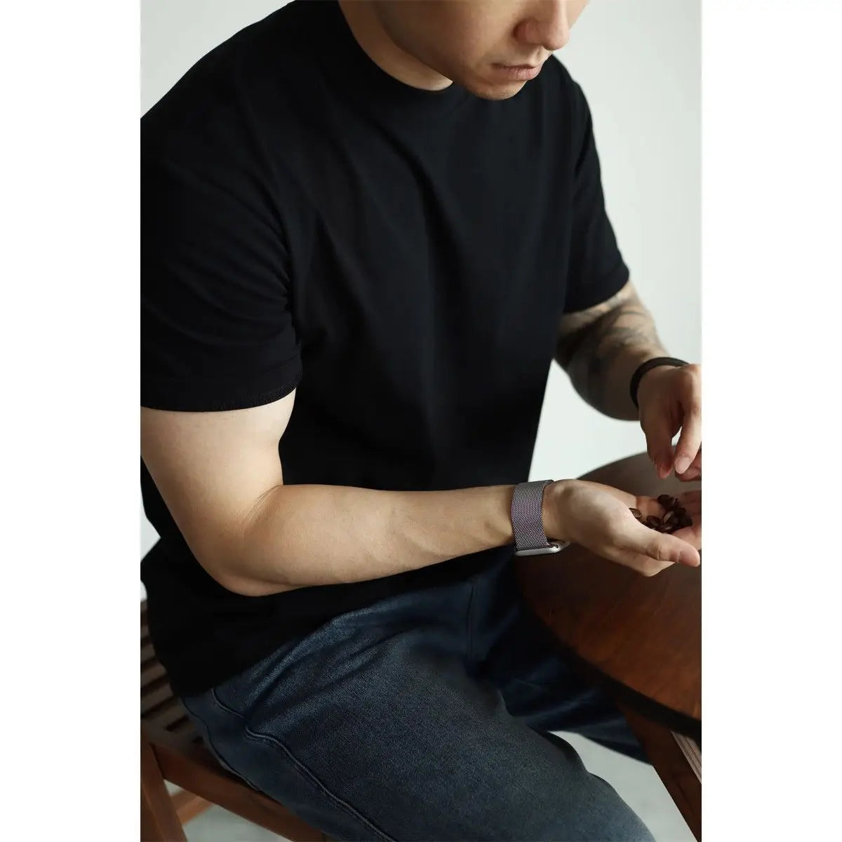 HEARUJOY  -  T-shirt American Pure Cotton Tough Guy Solid Color Men Short-sleeved Round Neck Couple Casual Versatile Business Base Shirt