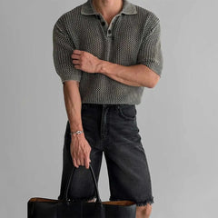 HEARUJOY  -  Men's Knitted Hollow Short-Sleeved Polo Shirt American Retro Fashion Trend Street Loose Breathable Casual Niche New Men's Tops