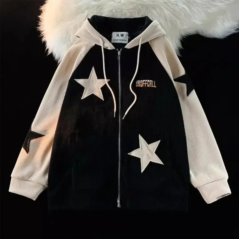 Hearujoy American Style New Star Patterned Patch Embroidered Zipper Hoodie Retro Corduroy Design Couple's Hip-Hop Harajuku Loose Cardigan