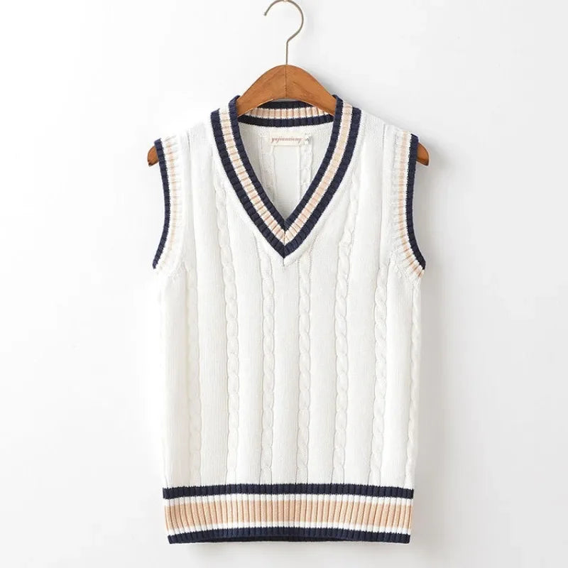 HEARUJOY  -  Striped White Knitted Sweaters for Men Blue Sleeveless Man Clothes V Neck Vest Red Waistcoat Jumpers Sweat-shirt Cigaret Cotton
