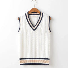 HEARUJOY  -  Striped White Knitted Sweaters for Men Blue Sleeveless Man Clothes V Neck Vest Red Waistcoat Jumpers Sweat-shirt Cigaret Cotton