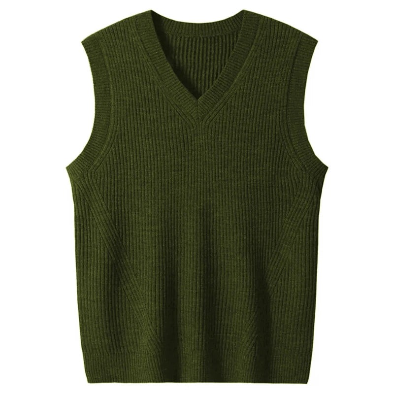 HEARUJOY  -  New Popular Preppy Style Men Sweater Vest Casual Knitted Streetwear Solid Color V Neck Waistcoat Leisure High Quality Knitwear