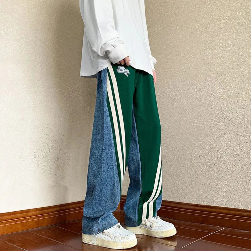 Hearujoy Mens Y2K Tracksuits Denim Drawstring Casual Pants Street Straight Pants Unisex Fashion Stitching Contrast Jeans Hip-Hop Trousers