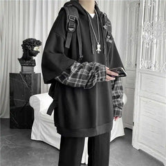 Hearujoy Fake Two Piece Plaid Patchwork Black White Oversize Harajuku Korean Fashion Casual Hoodie Long Sleeve Autumn Men Sweatshirt