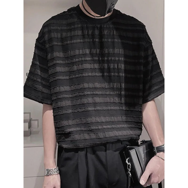 Hearujoy Striped Mesh T-shirts for Men Beach Short Sleeve Tee Male Summer Translucent Breathable Tops O-neck Casual Streetwear