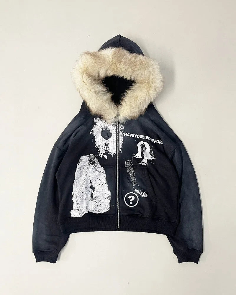 Hearujoy Street fashion winter personality print design zipper hoodie women Y2k 2025 new Harajuku vintage fur collar warm loose jacket