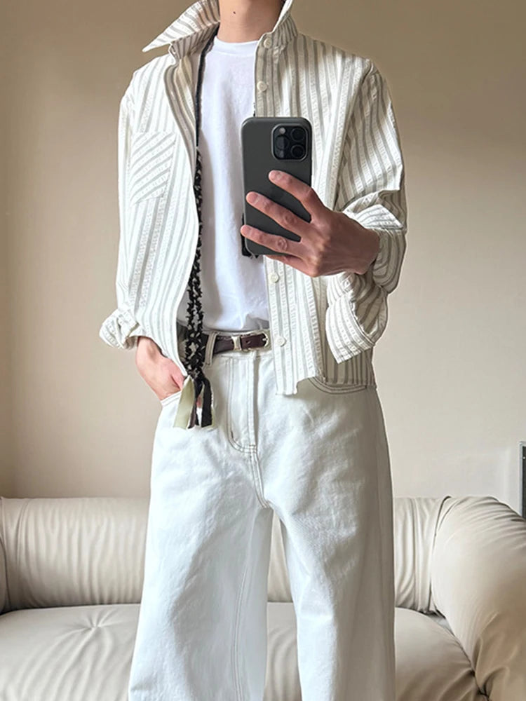 HEARUJOY  -  Spring Fall Casual Mens Striped Printed Shirt Long Sleeve Button-up Turn-down Collar Vintage Shirts Men Daily Leisure Cardigans
