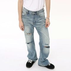 Hearujoy American Style Men's Denim Pants Casual Worn-out Hole Wide Leg Menwear Straight Solid Color Male Bottom Chic 9C6608