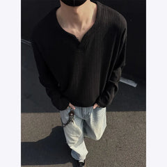 HEARUJOY  -  Spring Long Sleeved T-shirt Men Oversized Casual V-neck T Shirt Men Streetwear Korean Loose Pleated T Shirt Mens Top M-3XL