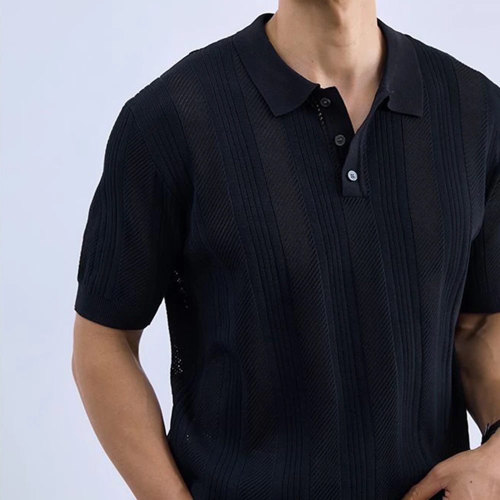 HEARUJOY  -  Men's Solid Color Striped Knitted Short-Sleeved Polo Shirt Retro Fashion Trend Casual Simple Loose Breathable Summer Men's Tops