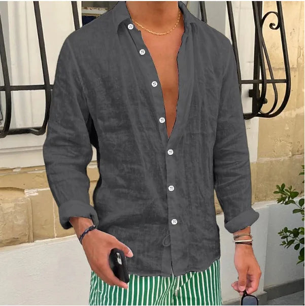 HEARUJOY  -  Men Seaside Beach Vintage Solid Cardigans Top Spring New Casual Linen Shirts Mens Long Sleeve Button-up Turn-down Collar Shirt