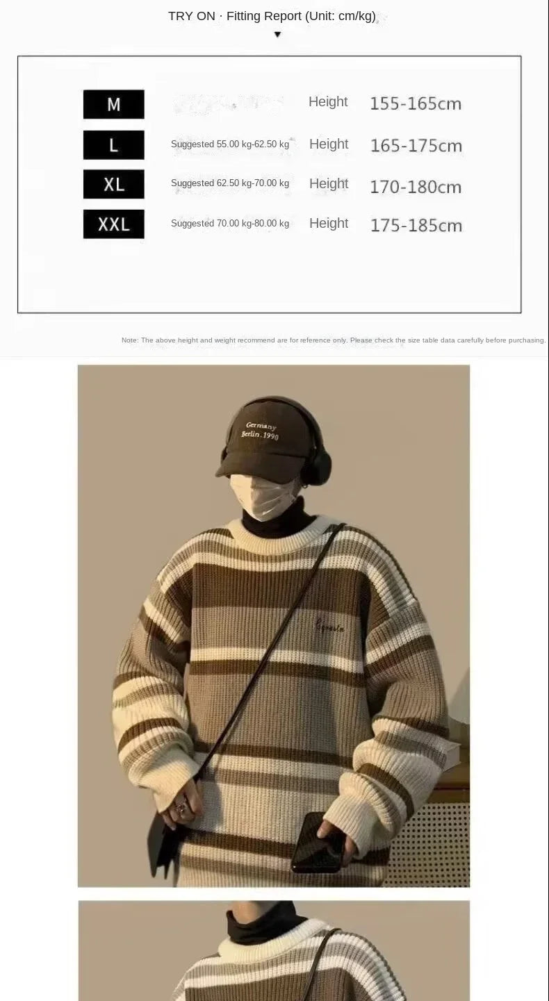 HEARUJOY  -  Men's Retro Striped Contrast Thickened Trendy Brand Loose Sweater Jacket