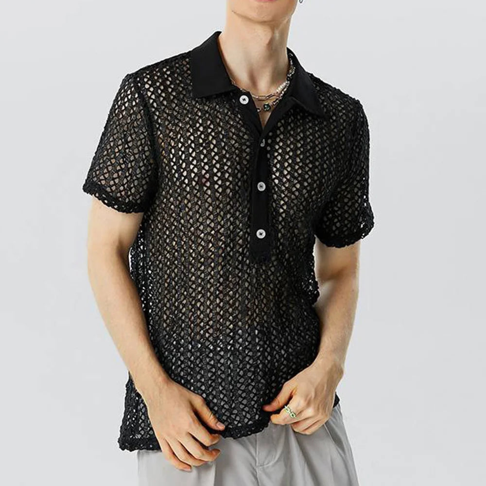 HEARUJOY  -  Mens Shirt Hollow Perspective Mesh Casual T-Shirt Niche Personality Breathable Versatile Sexy Tops Men'S Clothing Summer New