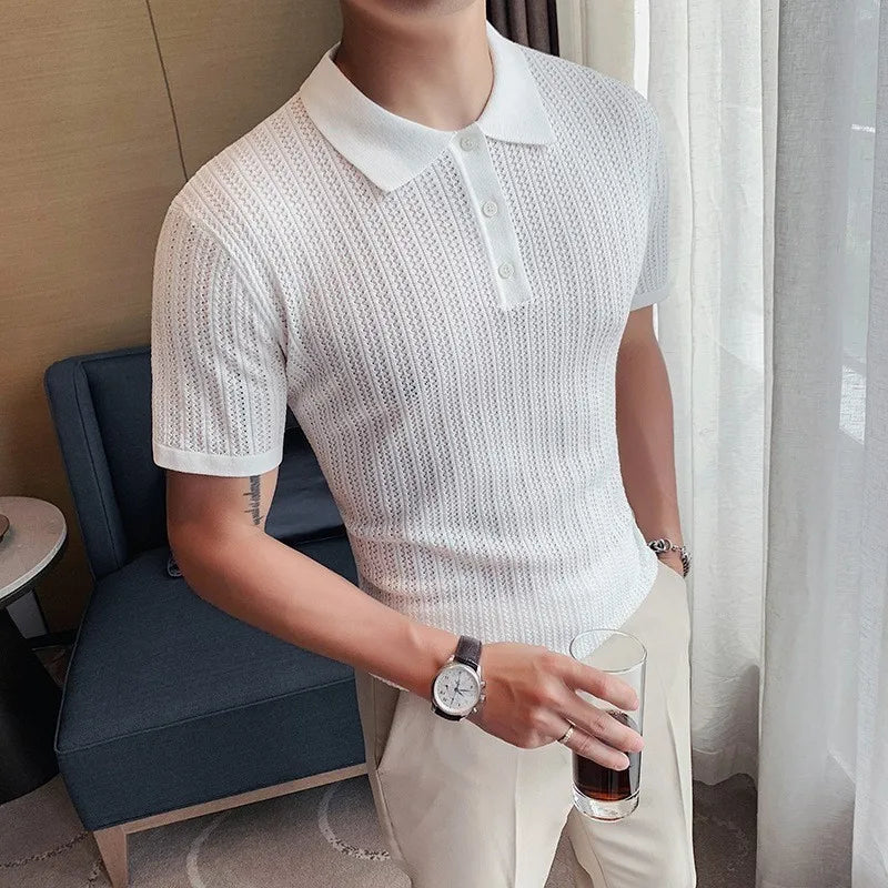 HEARUJOY  -  Summer Men's Clothing Luxury Hollow Out Knitted Polo Shirt Retro Solid Color Short-sleeved Korean Popular Knitwear Leisure Tees