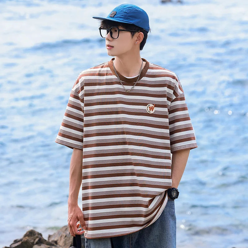 HEARUJOY  -  Hip Hop Striped T Shirt Men Streetwear Mens Stripes T-shirts Casual Summer Short Sleeves Oversized Contrast Tshirt Tops Tee