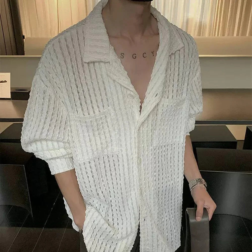 HEARUJOY  -  Mens Shirts Hollow Knitted Casual Shirts Spring Streetwear Fashion Thin Sexy Ballroom Long-Sleeved Tops Men'S Clothing 2025 New