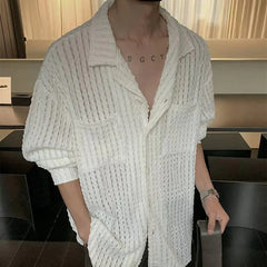 HEARUJOY  -  Mens Shirts Hollow Knitted Casual Shirts Spring Streetwear Fashion Thin Sexy Ballroom Long-Sleeved Tops Men'S Clothing 2025 New