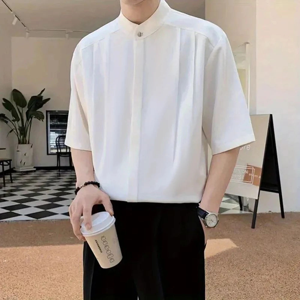 Hearujoy Mens Thin Versatile Loose Casual Shirt Genderless 2024 New Retro French Solid Color Simple High Collar Short Sleeve Top Unisex