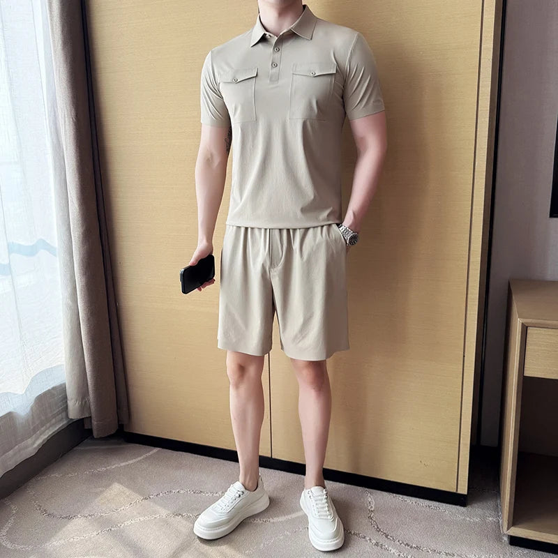 HEARUJOY  -  (Polo Shirt + Shorts) Plain Color Man Sets High Quality Breathable Elastic Short Sleeve Polos T Shirt And Knee Length Shorts Men