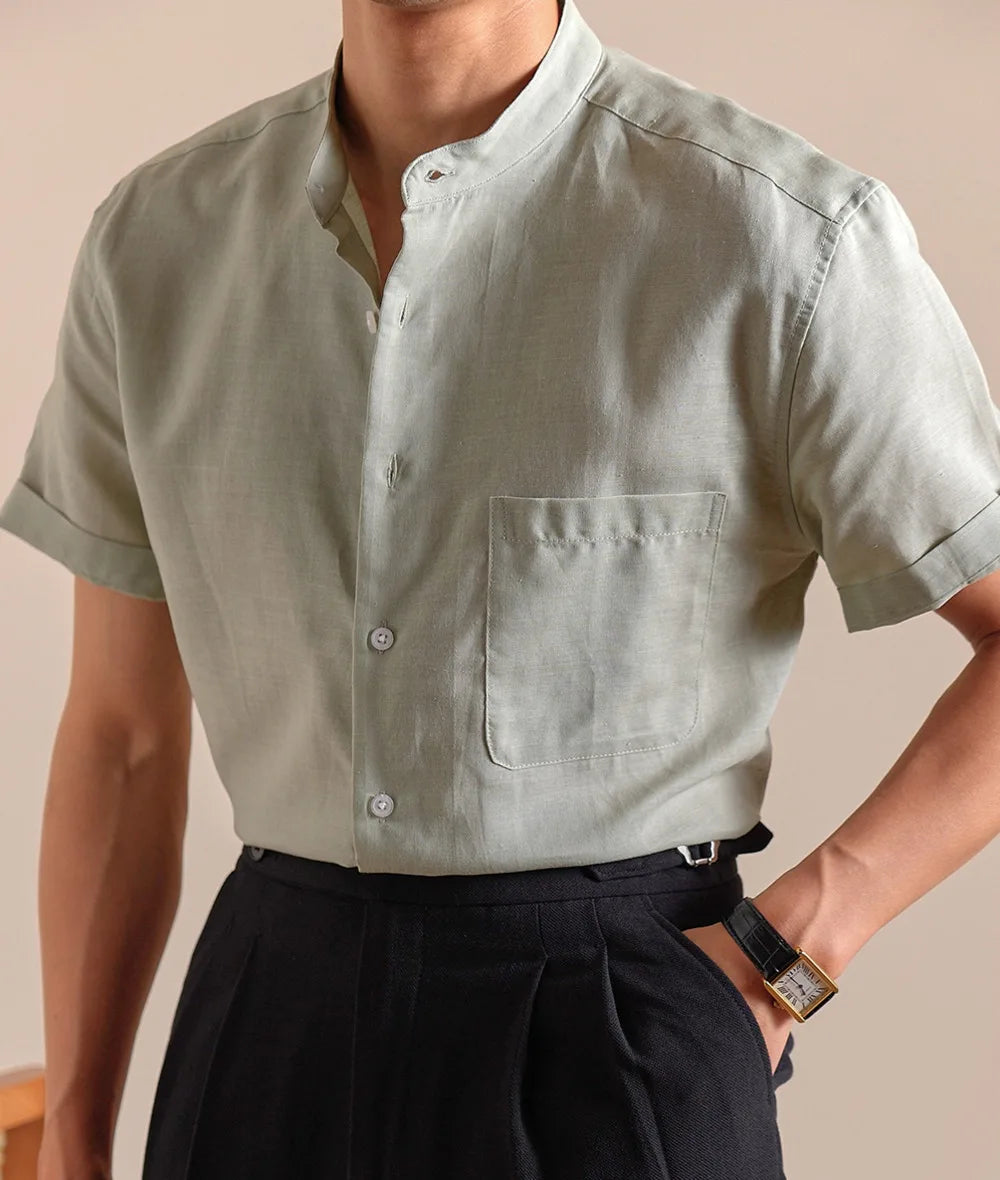 HEARUJOY  -  Natural Linen Cotton Blend Stand Up Collar Shirt Top Quality Men's Short Sleeved Casual Loose Thin Breathable Shirt 3 Colors