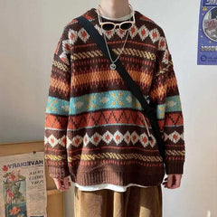 Hearujoy Men's Knitted Vintage Graphic Sweater with Pattern Brown Blue Pullovers Sweaters and Jumpers Korean Streetwear Harajuku