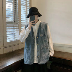 Hearujoy Japanese Retro Coat Distressed Workwear Denim Vest Korean Style Men's Trendy Loose Casual Solid Color Sleeveless Vest Jacket