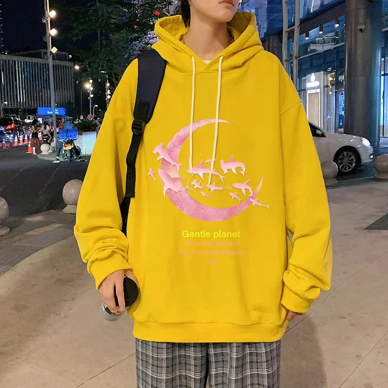 HEARUJOY  -  Funny Men's Oversized Hoodie Off White Hoodies with Hat Oversize for Men Moon Print 5XL Man Casual Wear Hoody Male Sweatshirt