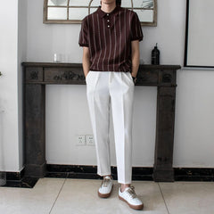 HEARUJOY  -  Summer New Men's Striped Knitted Short-Sleeved T-Shirt Retro Fashion Trend Casual Simple Loose Breathable Business Men's Tops