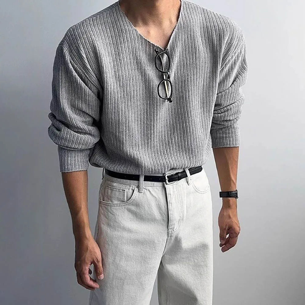 HEARUJOY  -  Autumn Men's Solid Color Knitted Long-Sleeved T-Shirt American Retro Fashion Trend Loose Street Casual Breathable Men's New Tops