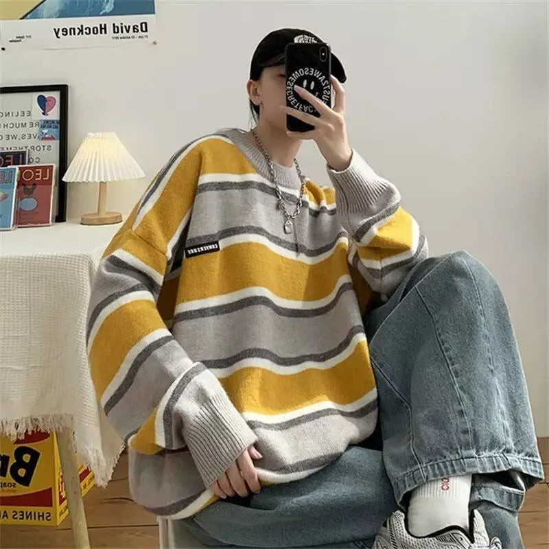 Hearujoy Thick Sweater Men's Korean Version Trendy Loose Japanese Knit Sweater Winter Ins Hong Kong Style Lazy Thread Jacket