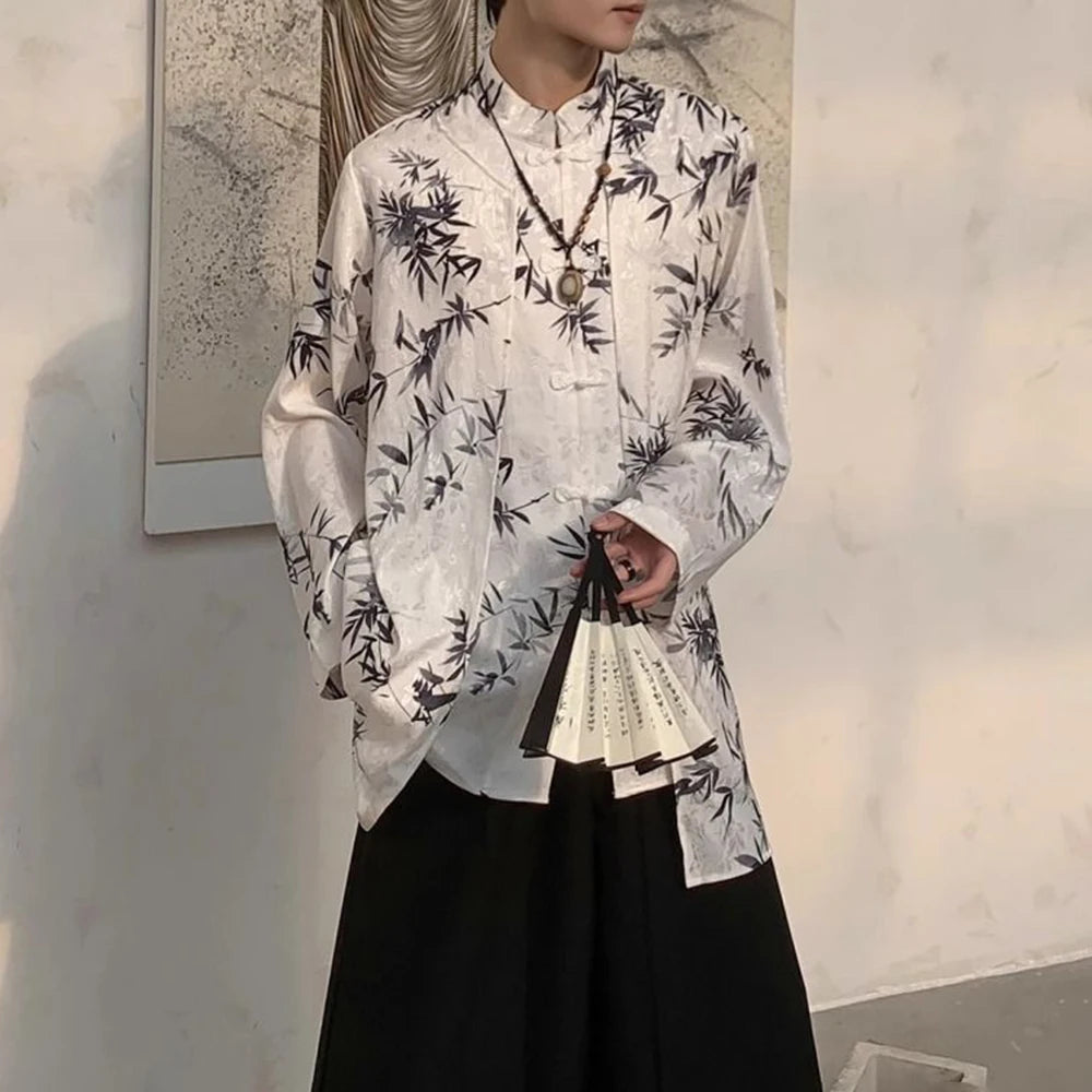 HEARUJOY  -  New Autumn And Winter Chinese Style Stand-Up Collar Button Bamboo Shirt Unisex Fashion Casual Loose Printed Long-Sleeved Shirt