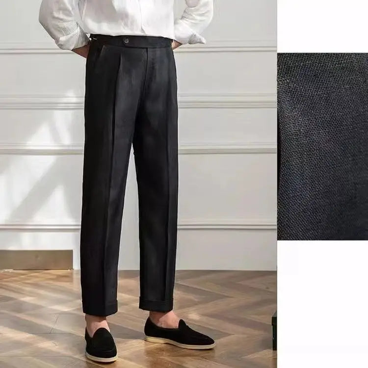 HEARUJOY  -  100% Linen Italian Naples Pants Men High Waist Straight  Suit Trousers Spring Summer Fashion Lightweight Breathable Casual Pants